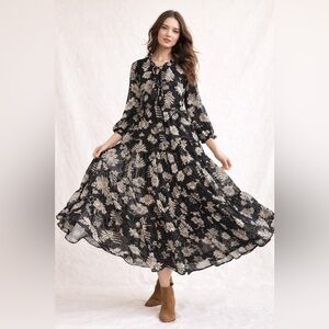 Polagram Black Floral Tiered Maxi Dress Tassel Tie Neck Cottagecore Boho M